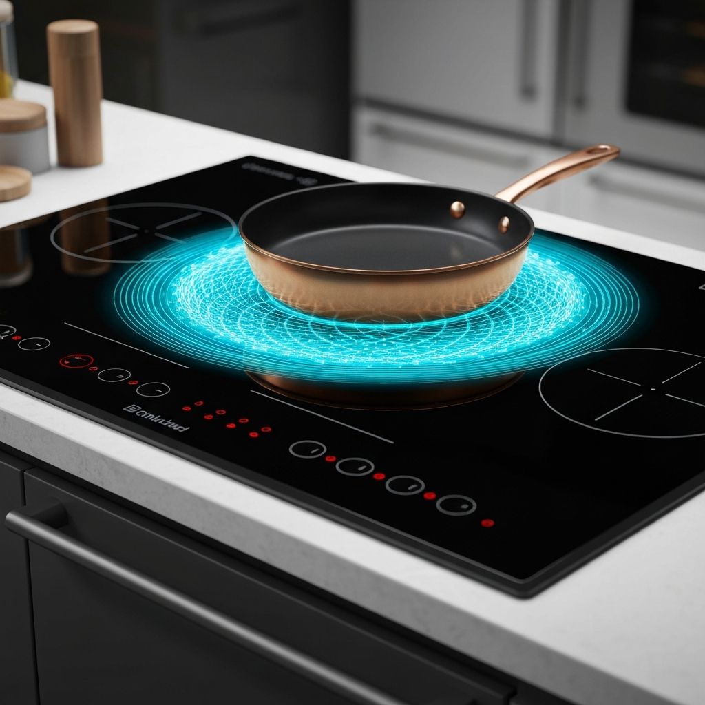 Induction cooktop electromagnetic field with copper cookware showing the magnetic induction process