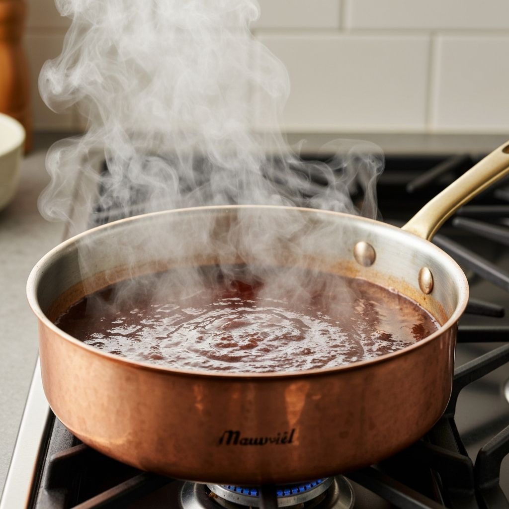 Making perfect sauce reduction in Mauviel copper saucepan with even heat distribution