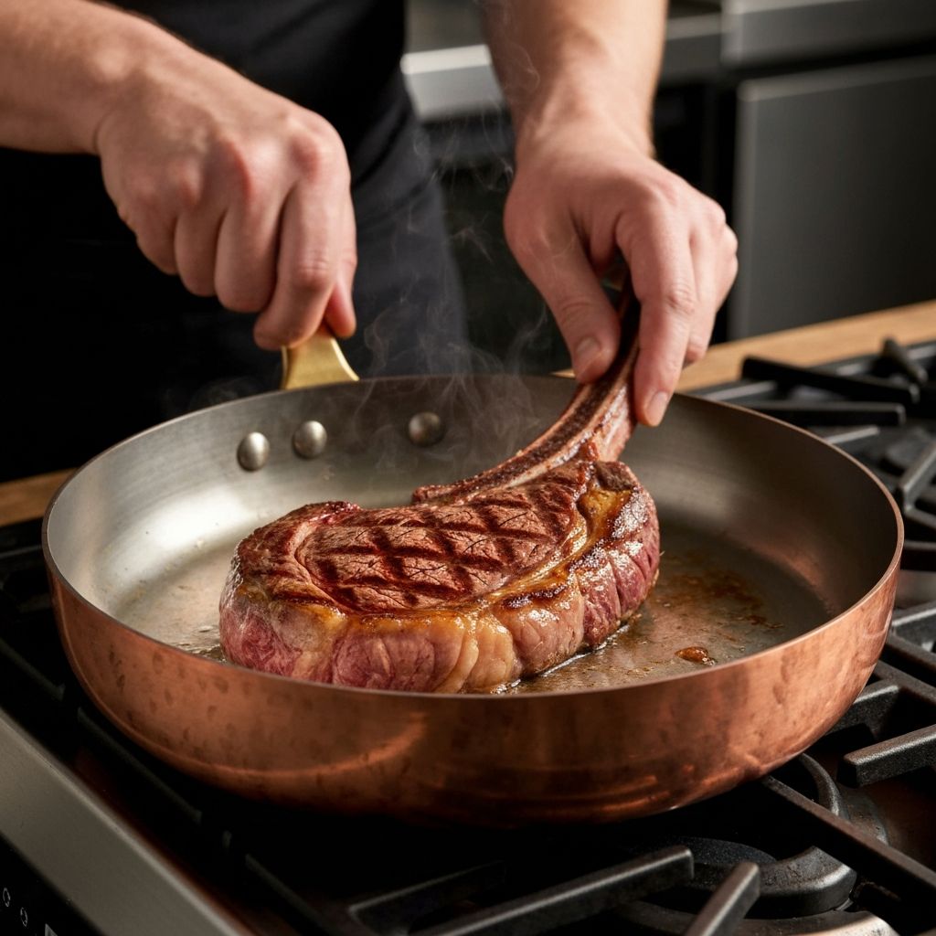 Searing steak in Mauviel M250 copper pan achieving perfect caramelized crust
